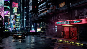 Neon-lit cyberpunk street scene with retro car and motel sign HD wallpaper