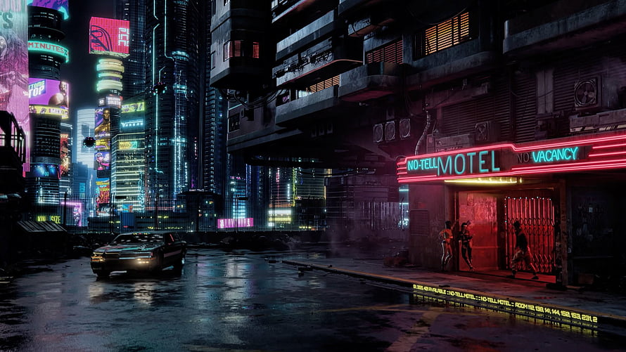 Neon-lit cyberpunk street scene with retro car and motel sign HD wallpaper