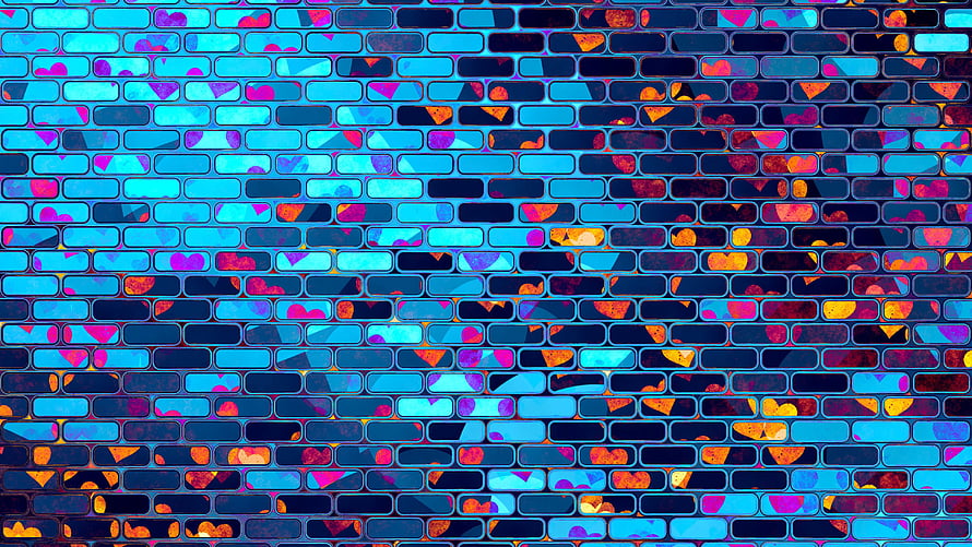 Vibrant Neon Brick Wall Pattern With Colorful Heart Motifs HD wallpaper