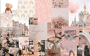 Aesthetic Pink Mood Board Collage Featuring Disney Castle, Flowers, and Vintage Decor HD wallpaper