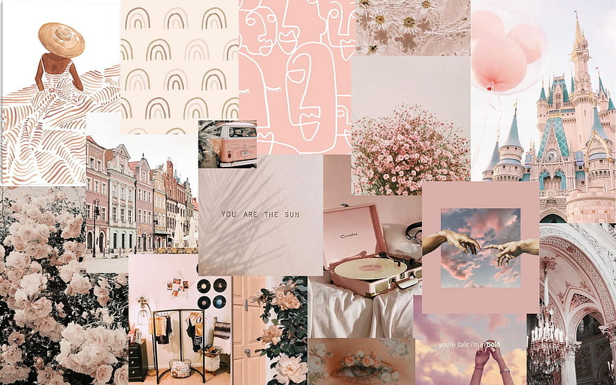 Aesthetic Pink Mood Board Collage Featuring Disney Castle, Flowers, and Vintage Decor HD wallpaper
