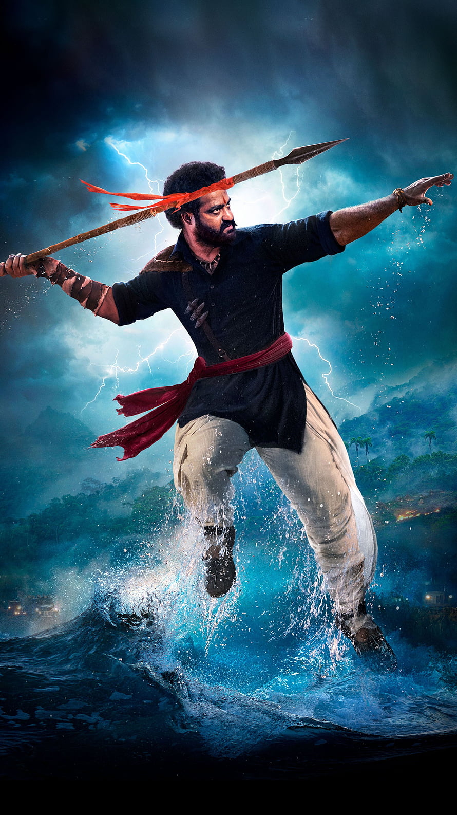 Kantara Devendra Swami warrior character leaping over water with spear in stormy cinematic action scene HD phone wallpaper