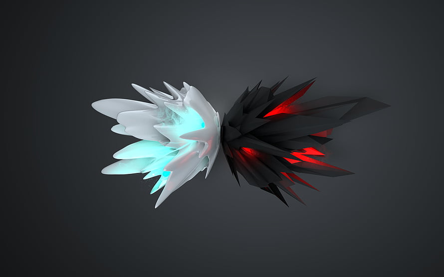 Dual Crystal Shards with Cyan and Red Glow on Dark Background HD wallpaper