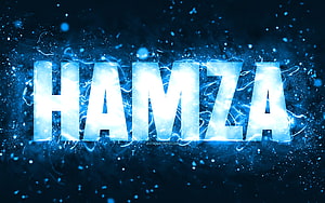 Glowing Blue Neon Hamza Name Text With Electric Sparks And Particle Effects HD wallpaper