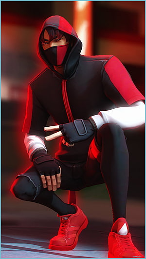 Fortnite Ikonik Character in Red and Black Hoodie Crouching with Peace Sign HD phone wallpaper