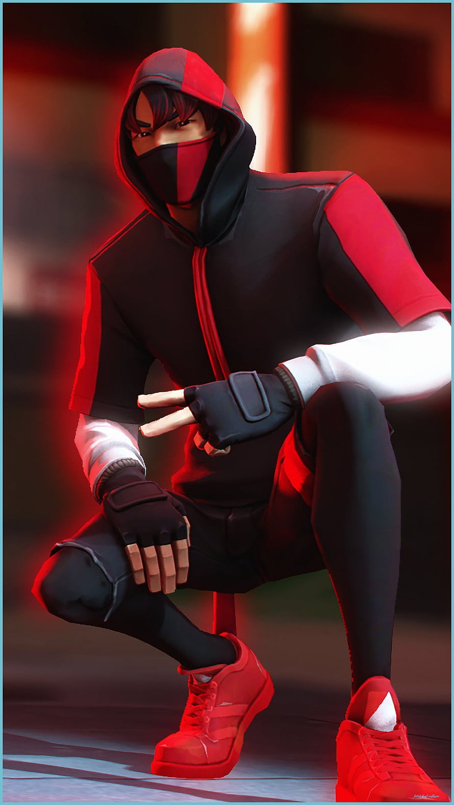 Fortnite Ikonik Character in Red and Black Hoodie Crouching with Peace Sign HD phone wallpaper