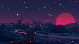 Mystical Deer Gazing at Giant Red Moon Over Starry Mountain Landscape HD wallpaper