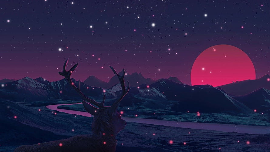 Mystical Deer Gazing at Giant Red Moon Over Starry Mountain Landscape HD wallpaper