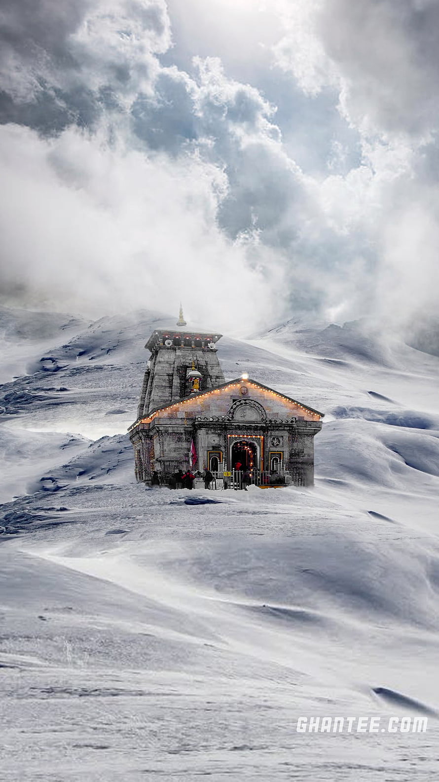 Kedarnath Temple in Snowy Himalayan Landscape with Dramatic Clouds HD phone wallpaper