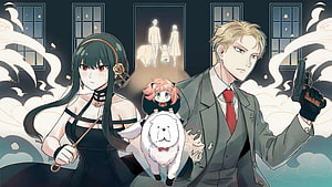Anime Detective Duo with Ghostly Family Portrait and White Dog HD wallpaper