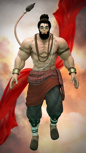 Hanuman 3D Character Render with Red Sash and Muscular Build, Jay Hanuman, Animated, Hanuman HD phone wallpaper