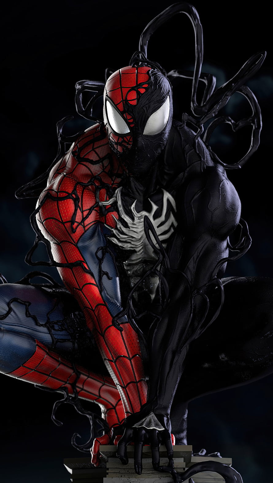 Spider-Man symbiote suit half red and black costume with white spider emblem, Spider Man Symbiote, marvel, venom, spiderman HD phone wallpaper