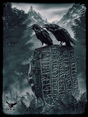 Huginn and Muninn Perched on a Norse Runestone in a Misty Forest HD phone wallpaper
