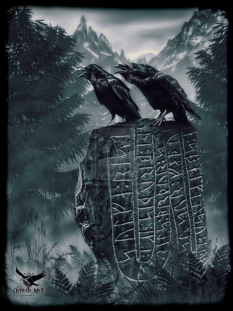 Huginn and Muninn Perched on a Norse Runestone in a Misty Forest HD phone wallpaper