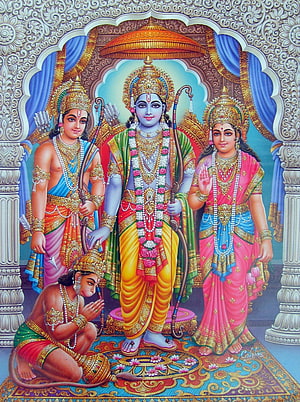 Lord Rama, Sita, Lakshmana, and Hanuman in traditional Indian temple art style, Lord Sri Rama, God Rama HD phone wallpaper