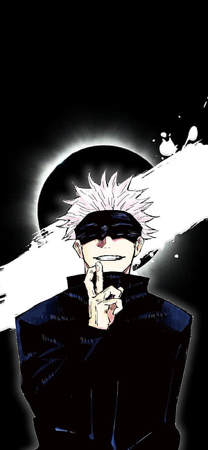 Satoru Gojo from Jujutsu Kaisen in a dramatic black and white anime illustration with a glowing eclipse background HD phone wallpaper