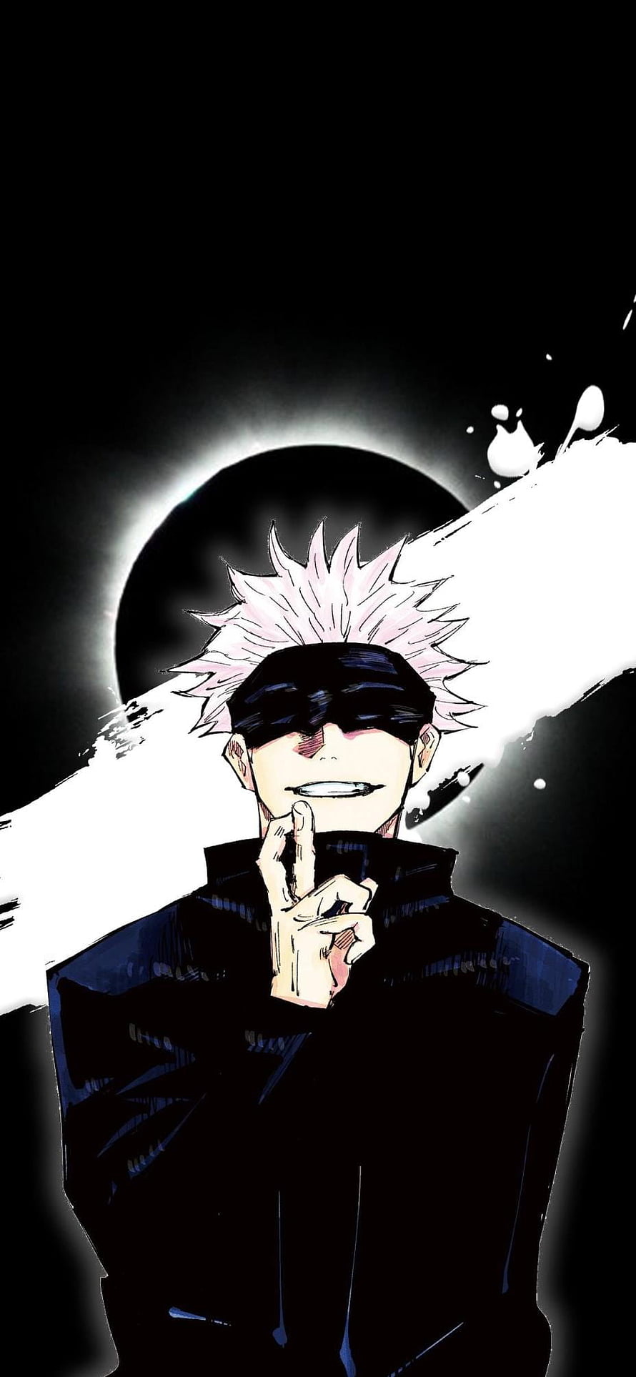 Satoru Gojo from Jujutsu Kaisen in a dramatic black and white anime illustration with a glowing eclipse background HD phone wallpaper
