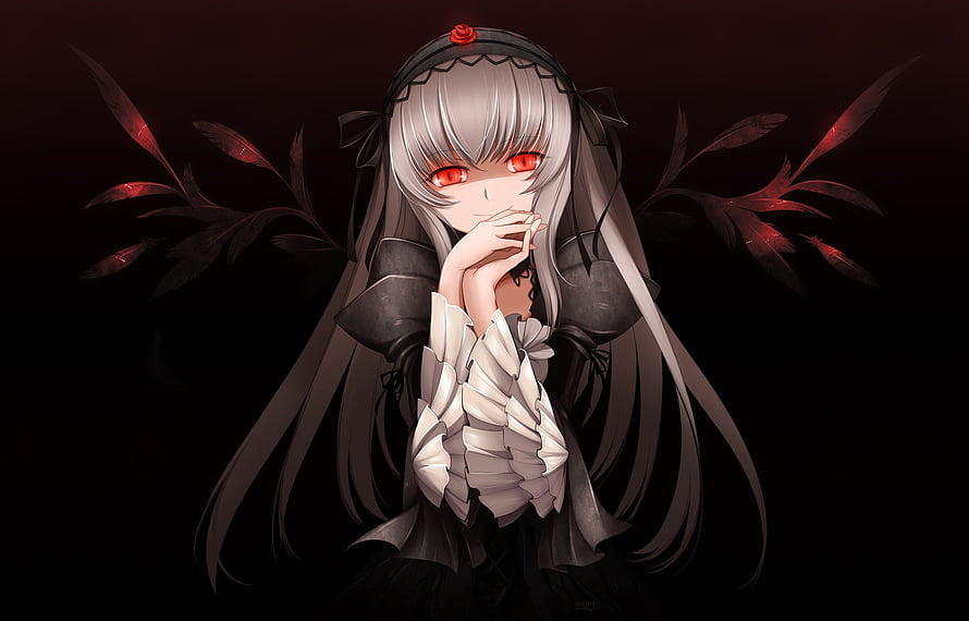 Gothic Anime Girl with Silver Hair and Red Eyes in Dark Fantasy Illustration HD wallpaper