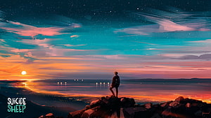 Suicide Sheep Digital Art of a Lone Figure on a Rocky Cliff at Sunset HD wallpaper