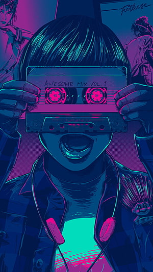 Cyberpunk Anime Girl Holding Cassette Tape with Neon Pink and Blue Pop Art Style HD phone wallpaper
