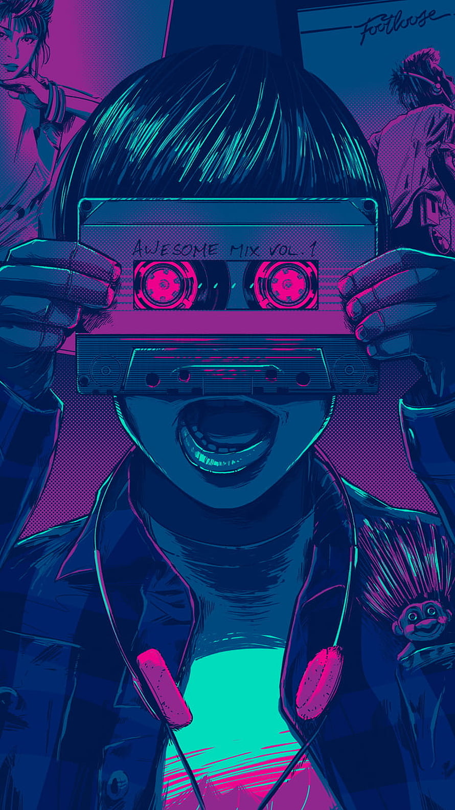 Cyberpunk Anime Girl Holding Cassette Tape with Neon Pink and Blue Pop Art Style HD phone wallpaper