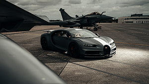 Matte Gray Bugatti Chiron Super Sport with White Stripes Parked on Airfield Tarmac HD wallpaper