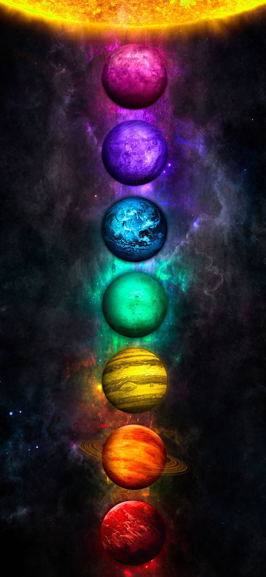 Vertical Alignment of Colorful Planets in Space with Nebula Background HD phone wallpaper