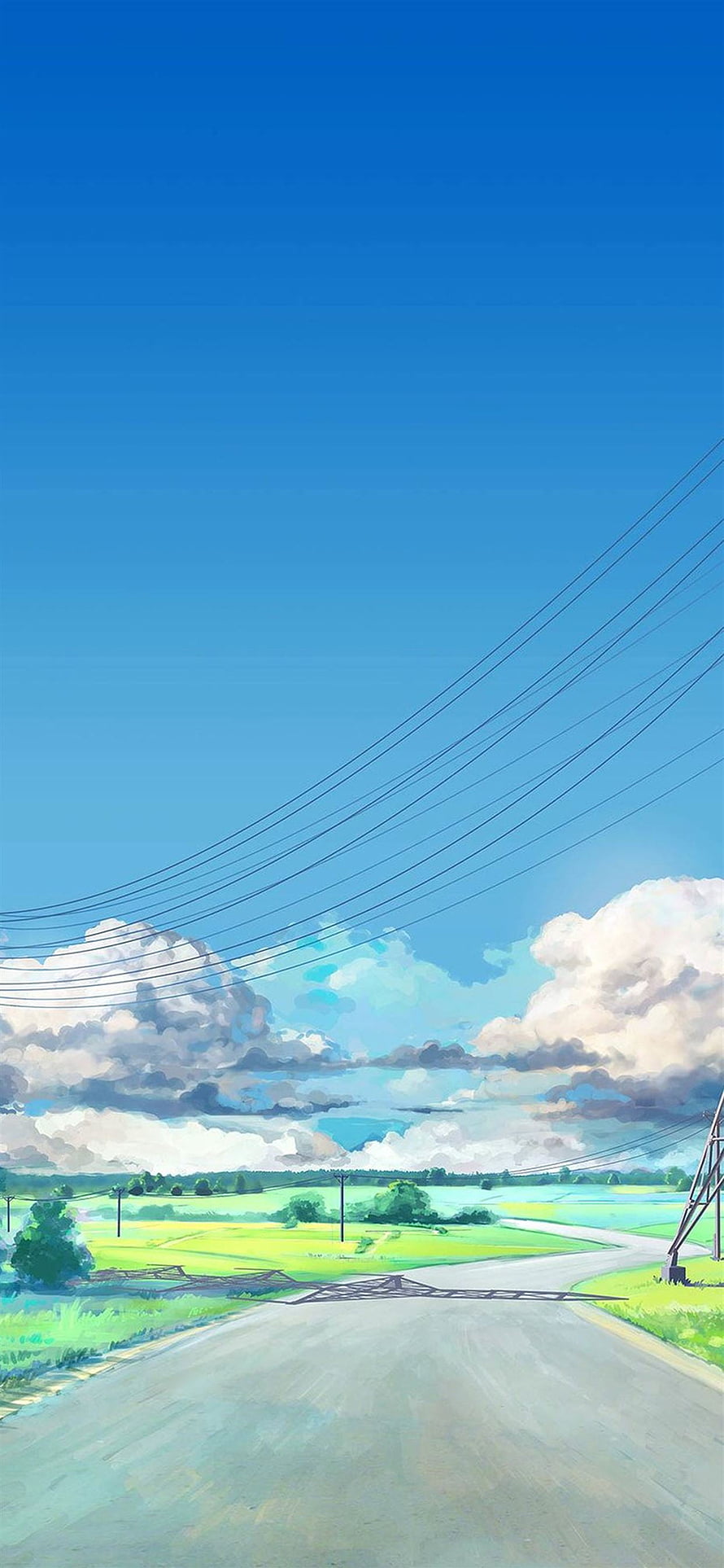 Anime Style Countryside Road With Blue Sky And Fluffy Clouds HD phone wallpaper