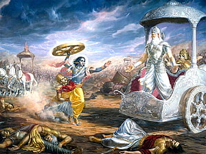 Krishna Wields Sudarshana Chakra Against Karna in Mahabharata Battle Scene HD wallpaper