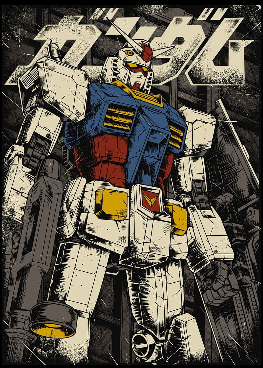 Retro Vintage Style RX-78-2 Gundam Illustration with Japanese Typography HD phone wallpaper