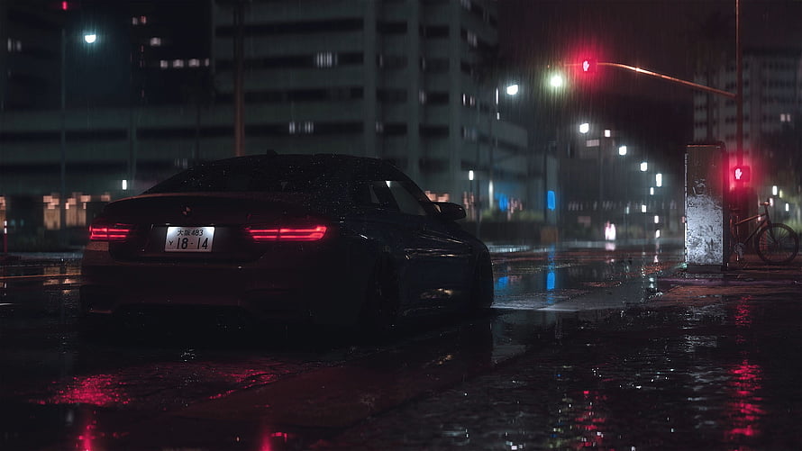 Dark BMW M4 Coupe Parked on Wet City Street at Night with Neon Reflections HD wallpaper
