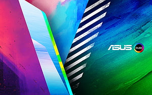 Vibrant ASUS OLED Abstract Wallpaper with Colorful Geometric Shapes and Stripes HD wallpaper