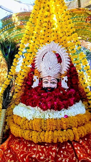 Lord Ayyappa adorned with vibrant marigold and rose flower garlands and silver crown HD phone wallpaper