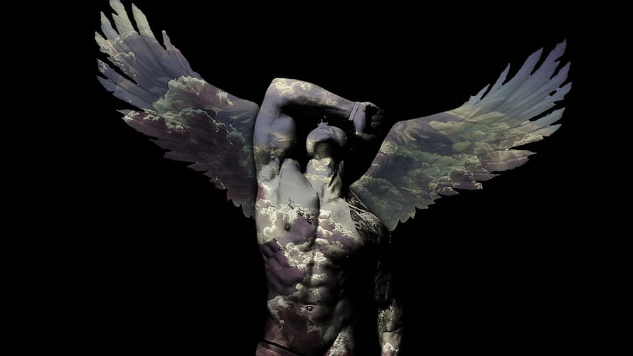 Zyzz Aesthetic God Bodybuilding Artwork with Cloud Textured Wings and Dramatic Pose HD wallpaper