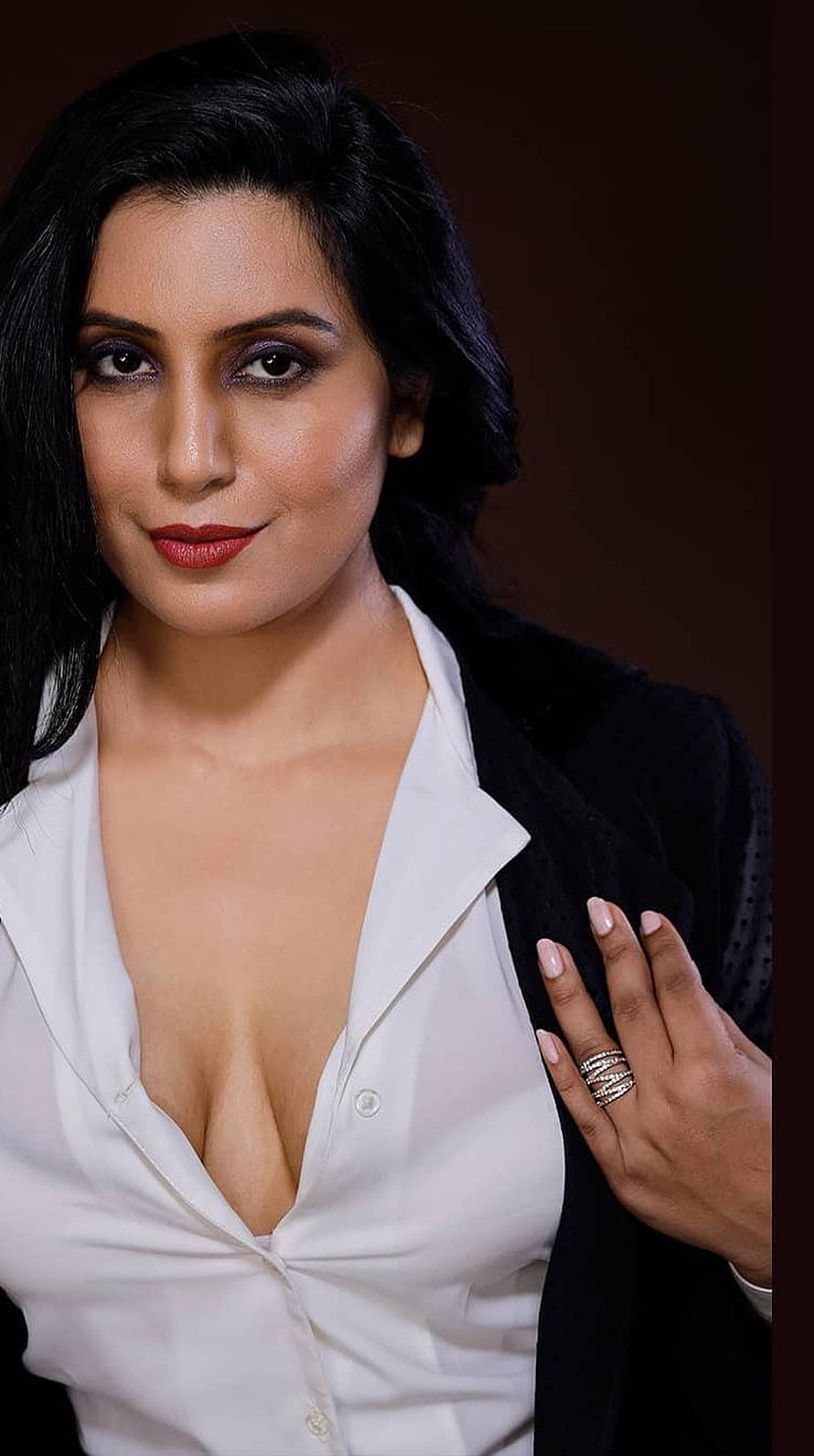 Portrait of a woman with black hair wearing a white shirt and black blazer, Maya, mallu aunty HD phone wallpaper