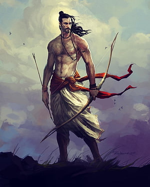 Arjuna from Mahabharata holding Gandiva bow and arrow, warrior prince digital painting HD phone wallpaper