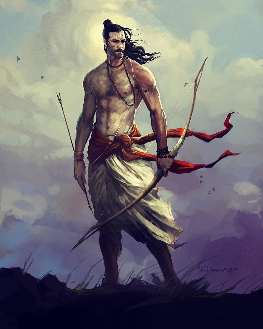 Arjuna from Mahabharata holding Gandiva bow and arrow, warrior prince digital painting HD phone wallpaper