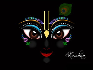 Lord Krishna Face Art with Peacock Feather and Floral Details on Black Background HD wallpaper