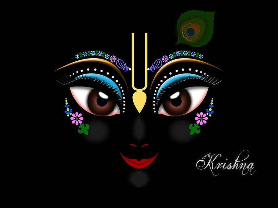 Lord Krishna Face Art with Peacock Feather and Floral Details on Black Background HD wallpaper