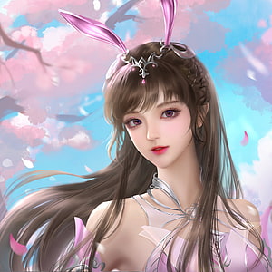 Xiao Wu Fantasy Character with Pink Rabbit Ears and Cherry Blossoms HD phone wallpaper