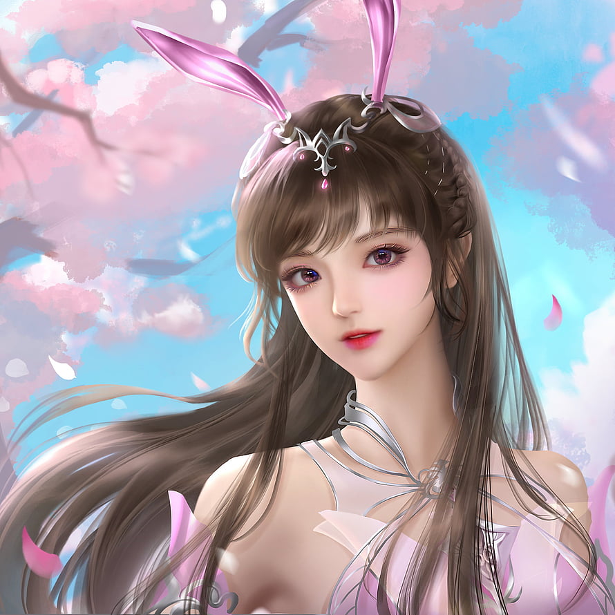 Xiao Wu Fantasy Character with Pink Rabbit Ears and Cherry Blossoms HD phone wallpaper