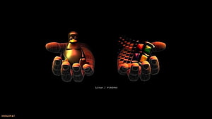 Linux Tux Penguin and Windows Logo Held in Digital Wireframe Hands HD wallpaper