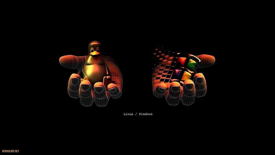 Linux Tux Penguin and Windows Logo Held in Digital Wireframe Hands HD wallpaper