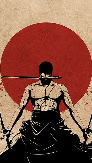 Silhouette of a Muscular Samurai Warrior Holding Swords Against a Red Sun HD phone wallpaper