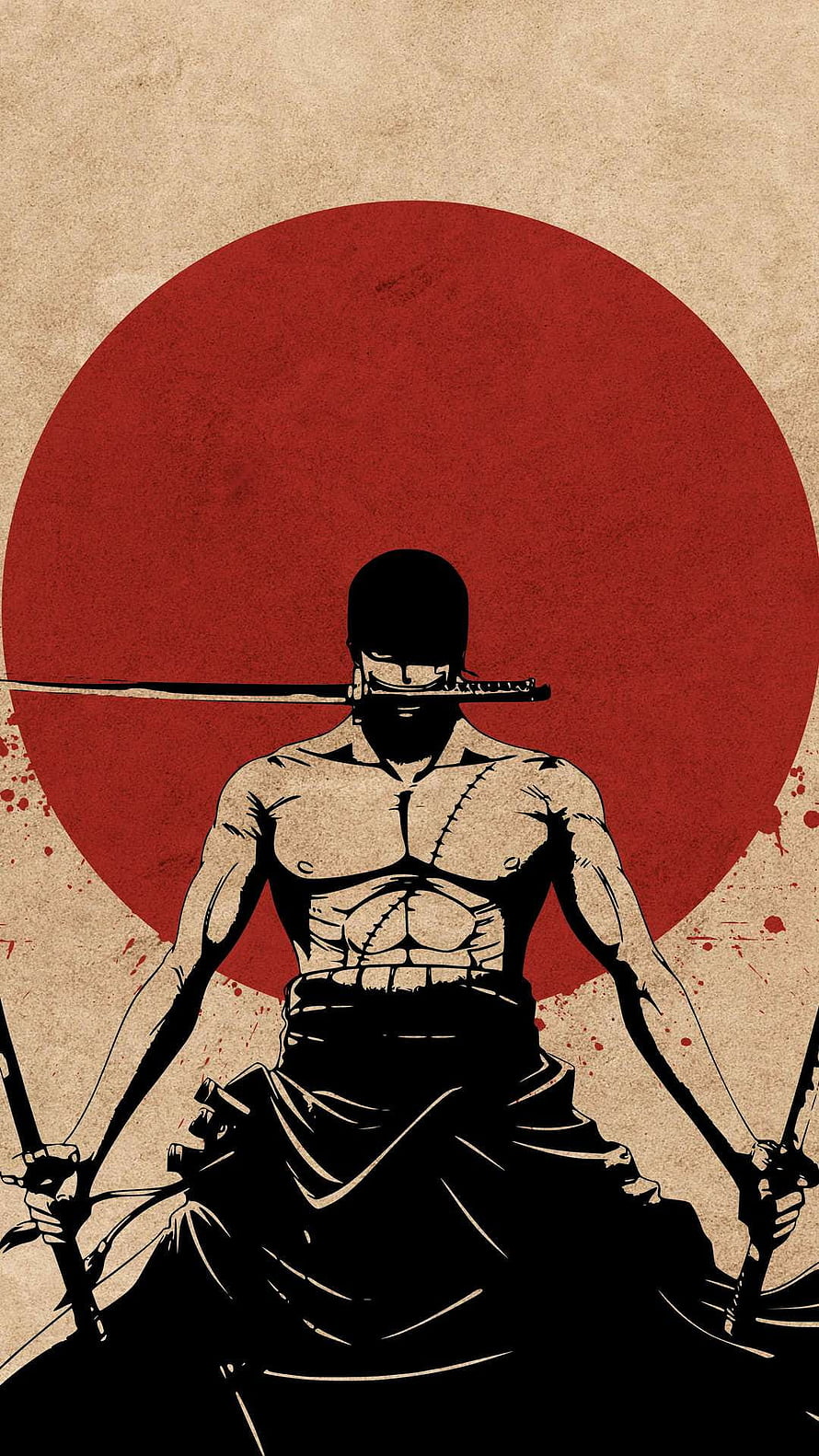 Silhouette of a Muscular Samurai Warrior Holding Swords Against a Red Sun HD phone wallpaper