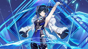 Yelan from Genshin Impact wielding hydro powers in a dynamic blue and white outfit HD wallpaper