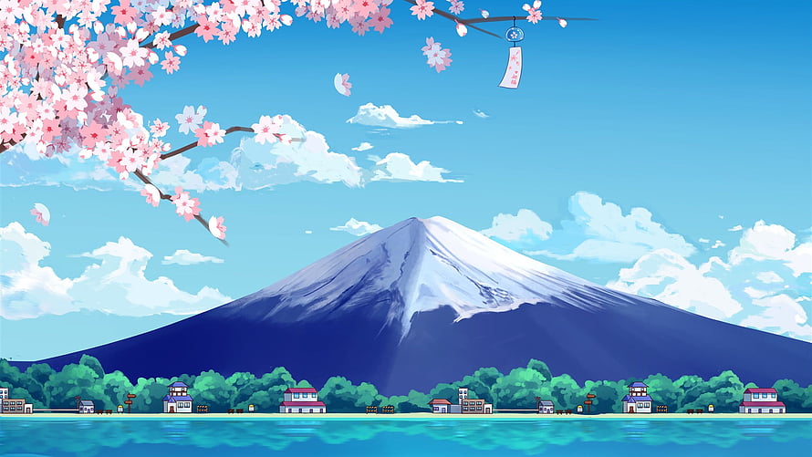 Mount Fuji Anime Landscape with Cherry Blossoms and Lake Reflection HD wallpaper