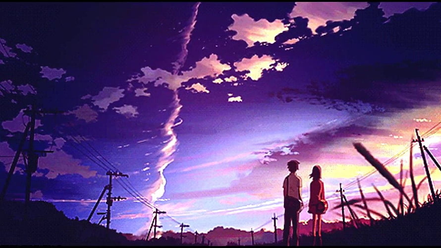 Anime Couple Watching Dramatic Purple Sunset Sky With Clouds And Power Lines HD wallpaper