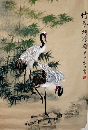 Traditional Chinese Painting of Red-Crowned Cranes and Bamboo HD phone wallpaper
