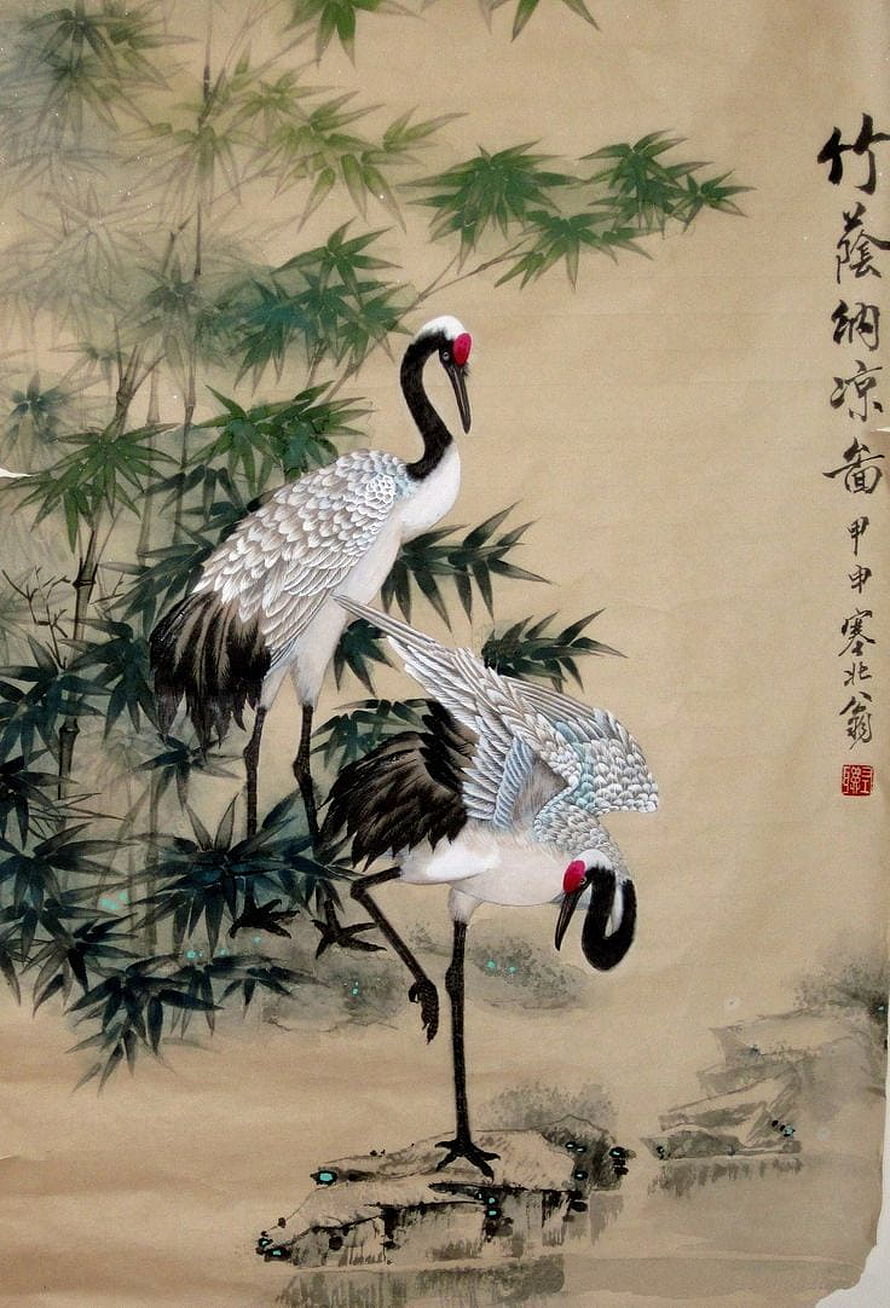 Traditional Chinese Painting of Red-Crowned Cranes and Bamboo HD phone wallpaper